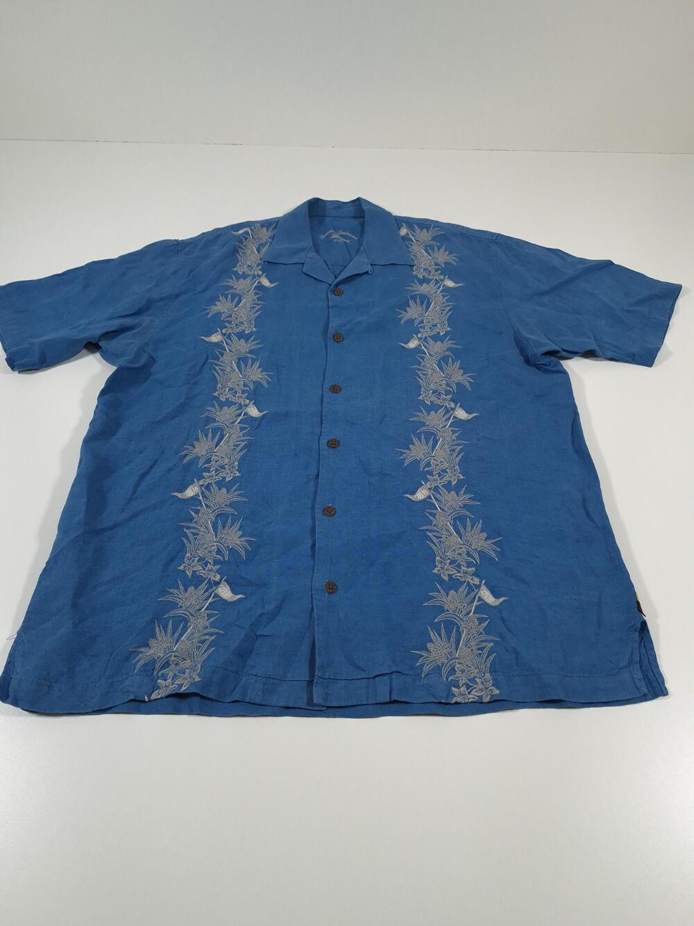 Tommy Bahama Linen Shirt Mens 2XL Blue Embroidered Hawaiian Golf Short Sleeve